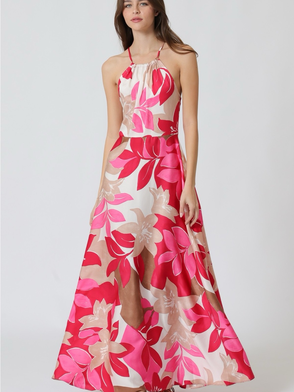 Aakaa Strapless Floral Maxi Dress in Pink and Cream